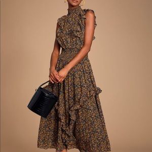 Lulu’s Evalina Mustard Yellow Floral Print Mock Neck Midi Dress